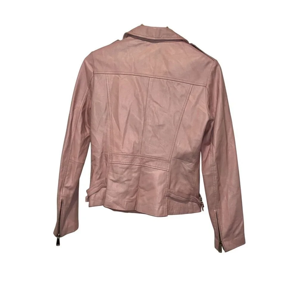 Neiman Marcus Genuine Pink Leather Zipper Pockets Moto Jacket Women's Size S